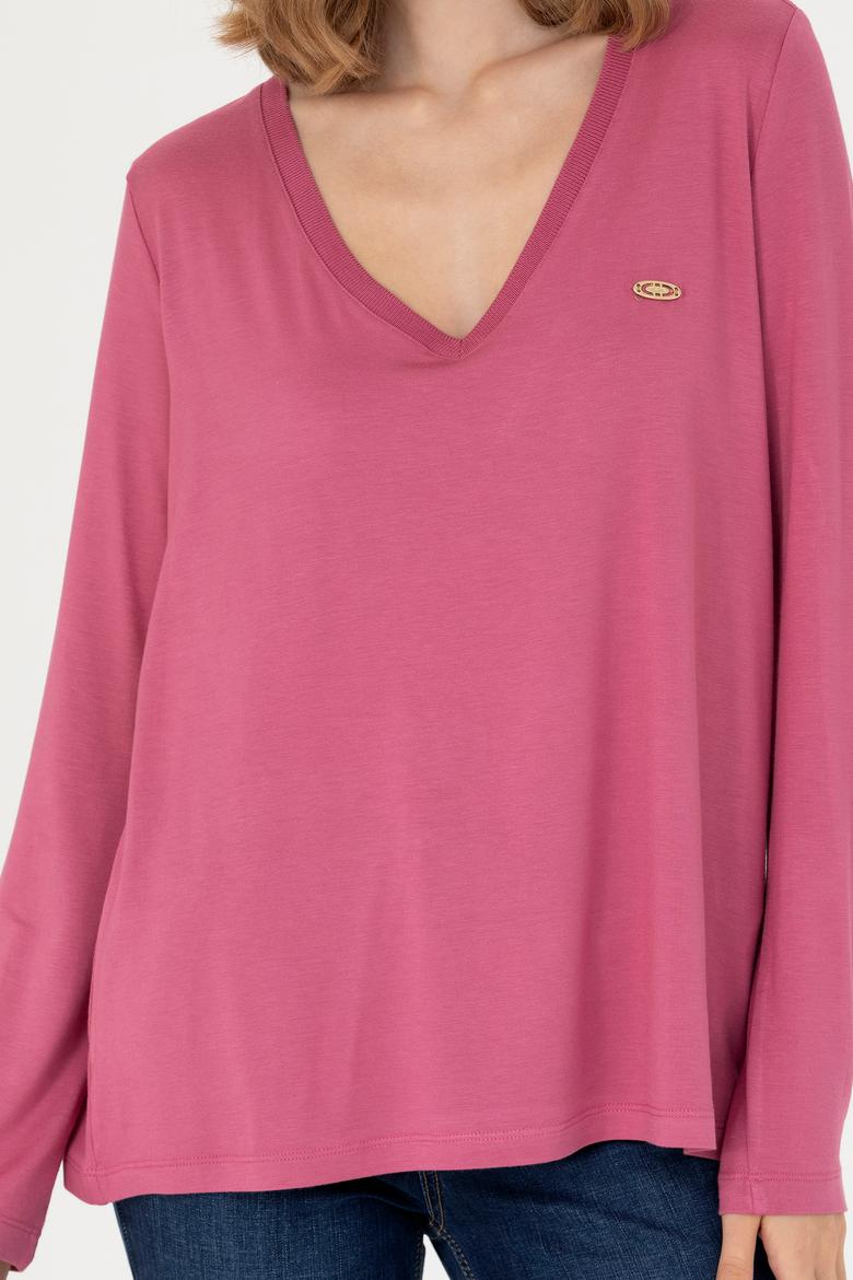 Kadın Pembe V Yaka Sweatshirt - 50256286032