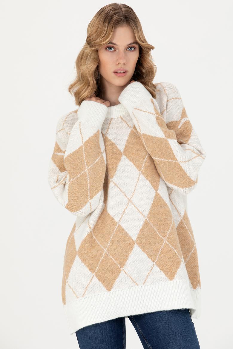 Kadın Krem Bisiklet Yaka Kazak