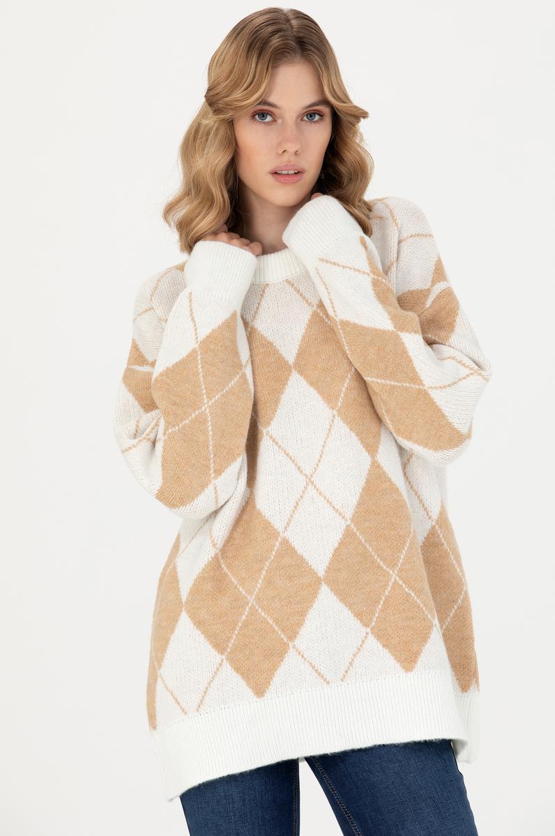 Kadın Krem Bisiklet Yaka Kazak