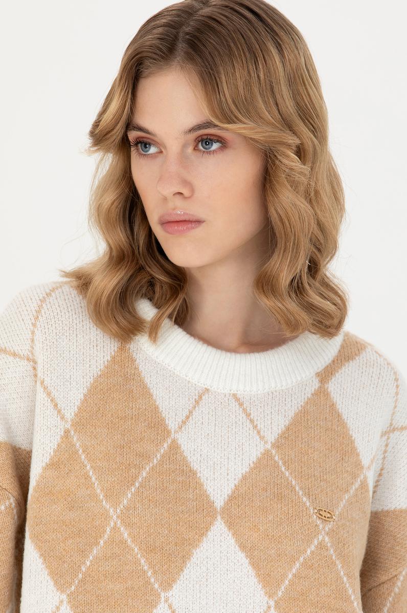 Kadın Krem Bisiklet Yaka Kazak