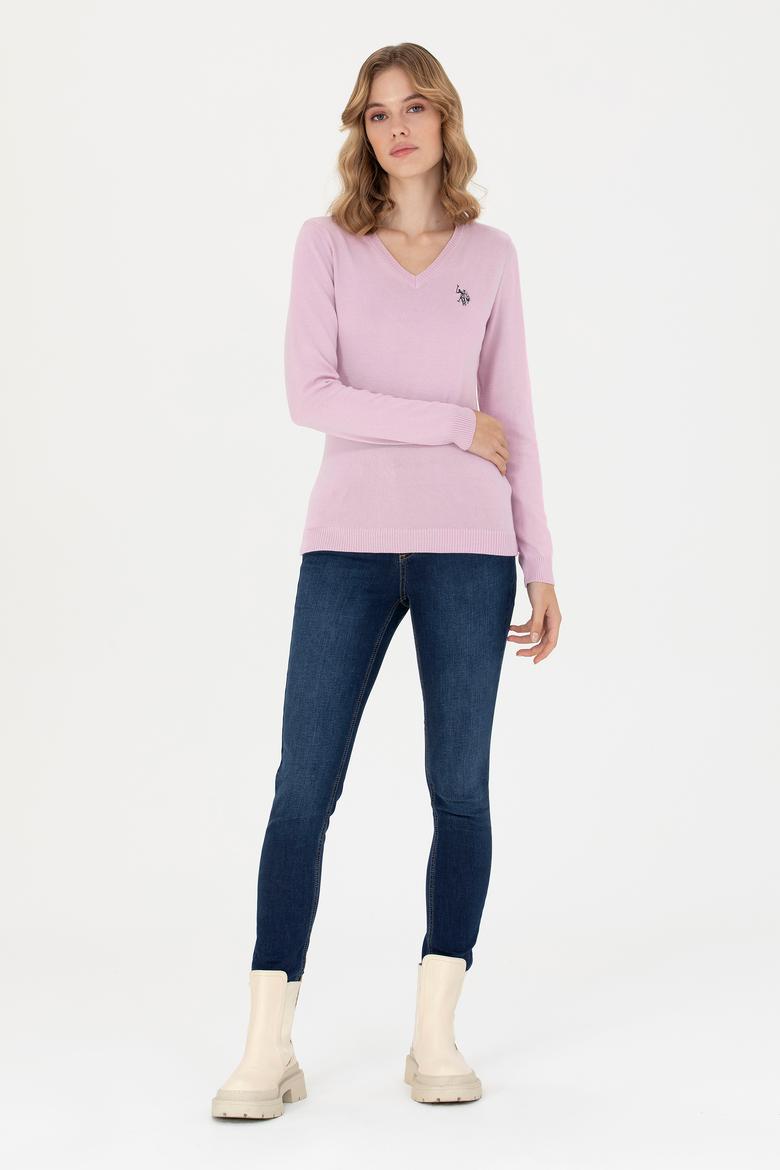 Kadın Manolya V Yaka Basic Kazak - 50276570034