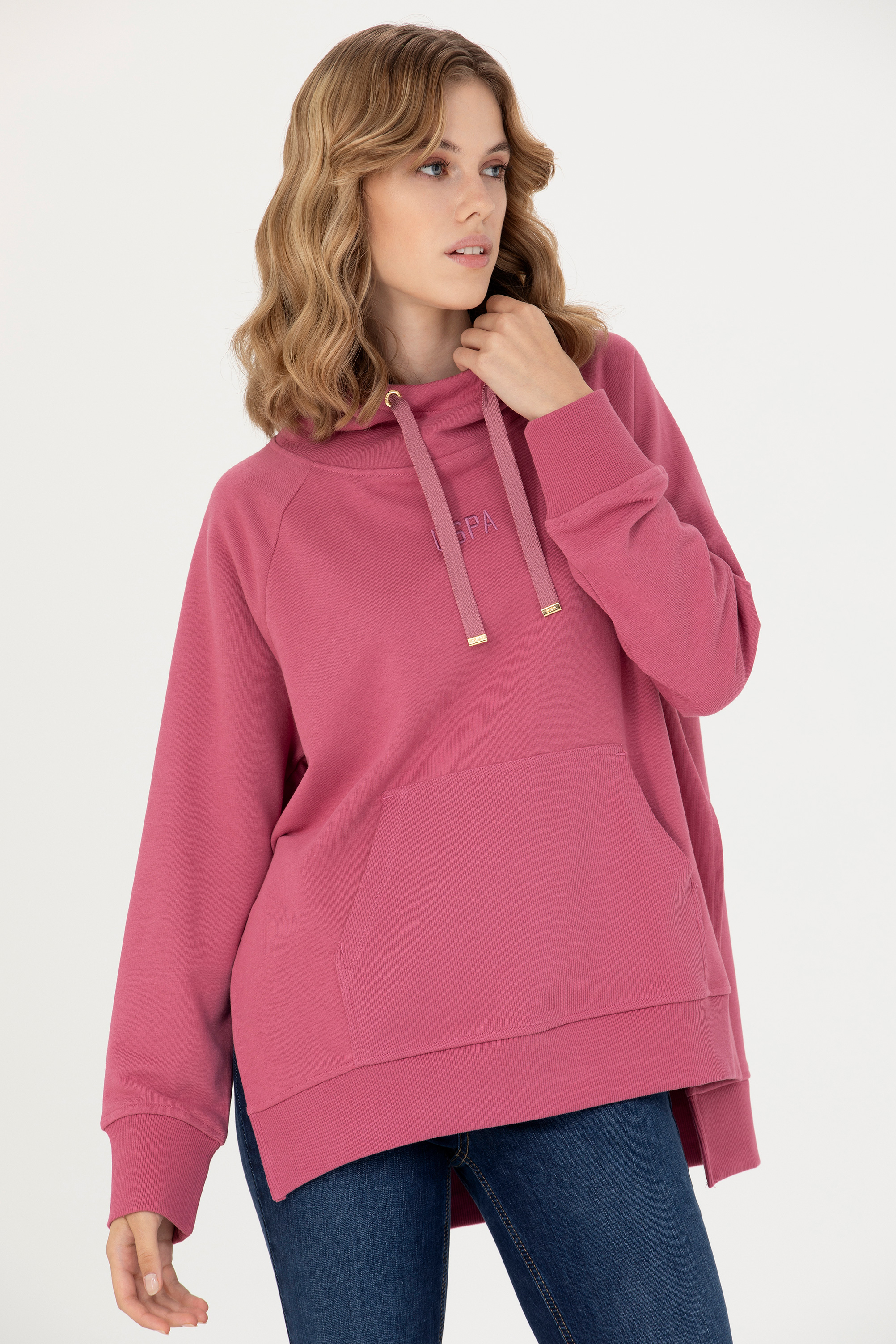 Kadın Pembe Kapüşonlu Sweatshirt - Image 3