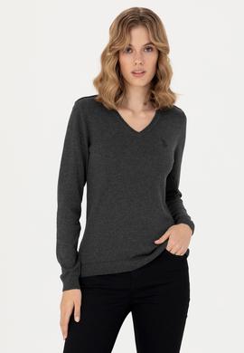Kadın Antrasit V Yaka Basic Kazak - 50276570008