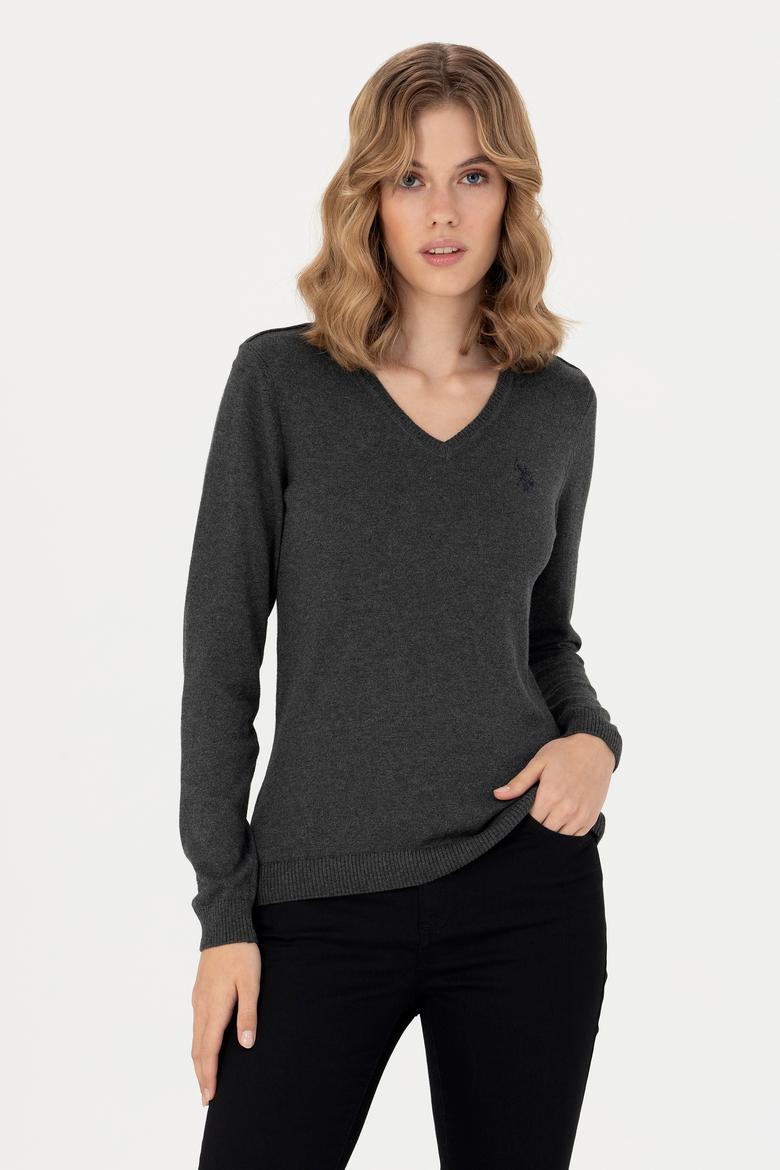 Kadın Antrasit V Yaka Basic Kazak - 50276570008