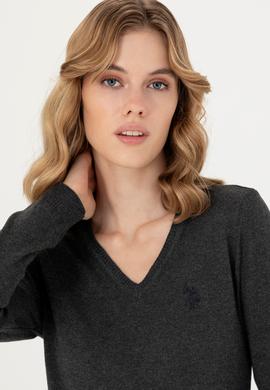 Kadın Antrasit V Yaka Basic Kazak - 50276570008