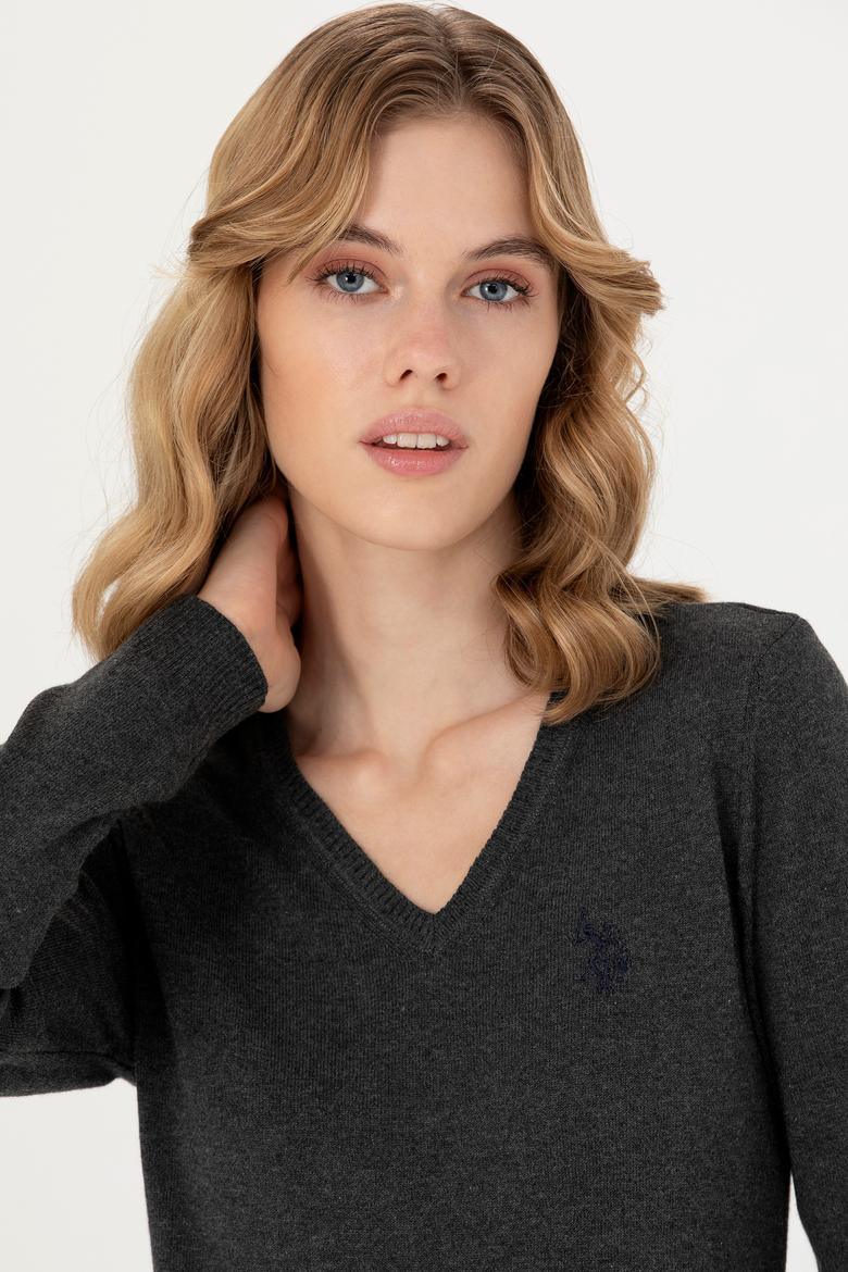 Kadın Antrasit V Yaka Basic Kazak - 50276570008