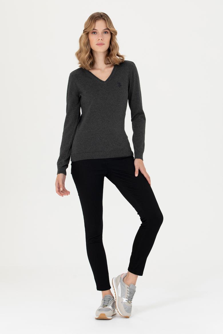 Kadın Antrasit V Yaka Basic Kazak - 50276570008