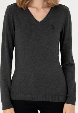 Kadın Antrasit V Yaka Basic Kazak - 50276570008