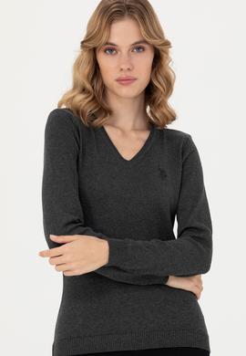 Kadın Antrasit V Yaka Basic Kazak - 50276570008