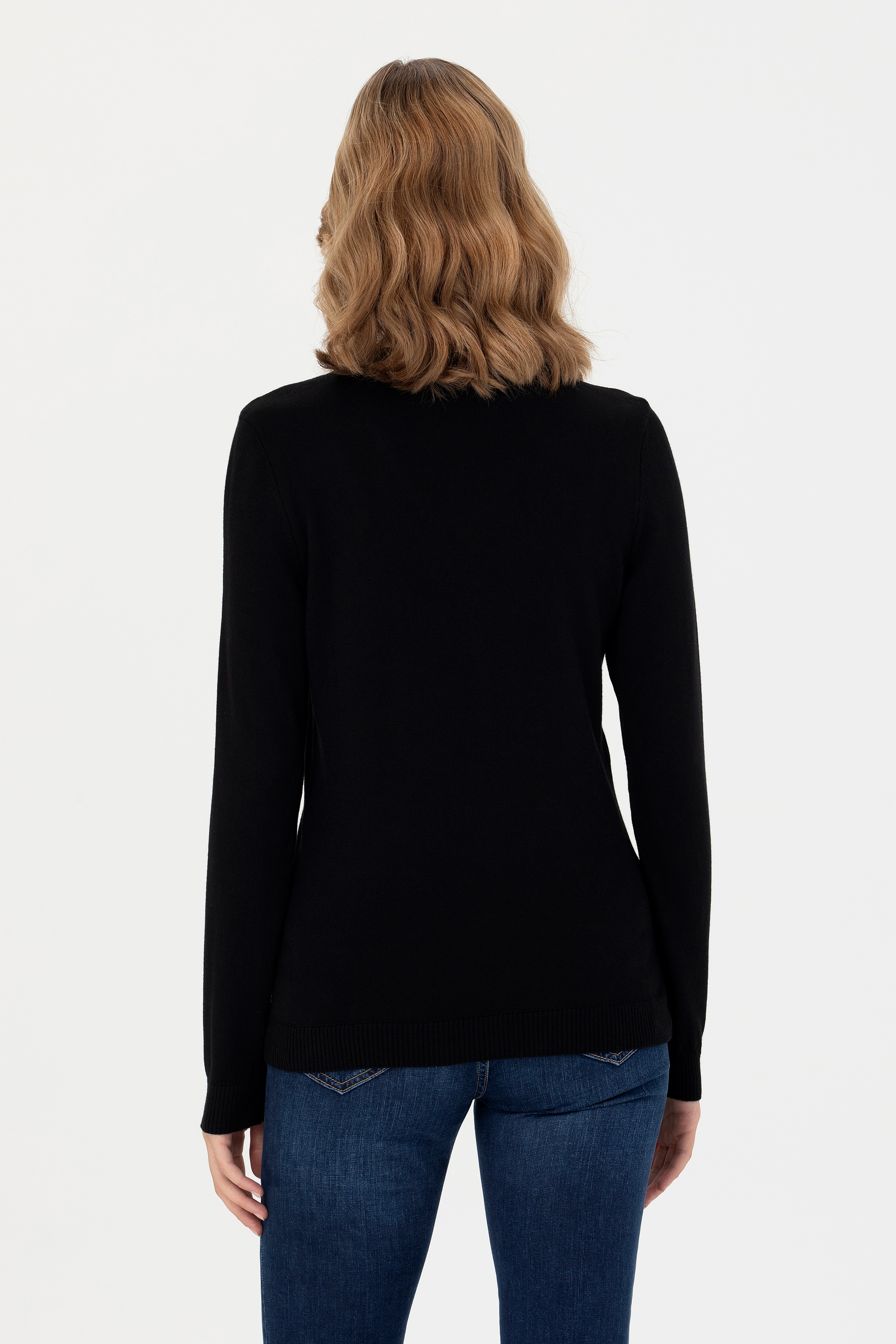 Kadın Siyah V Yaka Basic Kazak