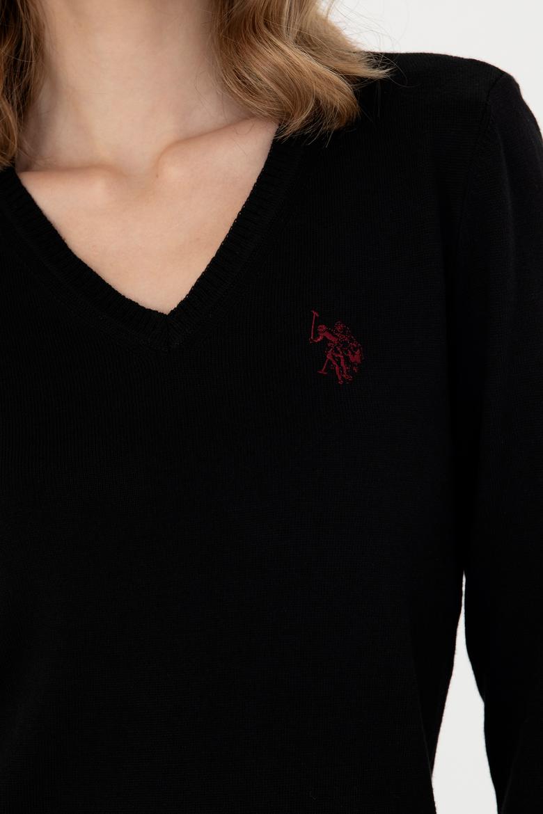 Kadın Siyah V Yaka Basic Kazak - 50276570059