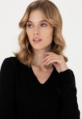 Kadın Siyah V Yaka Basic Kazak - 50276570059