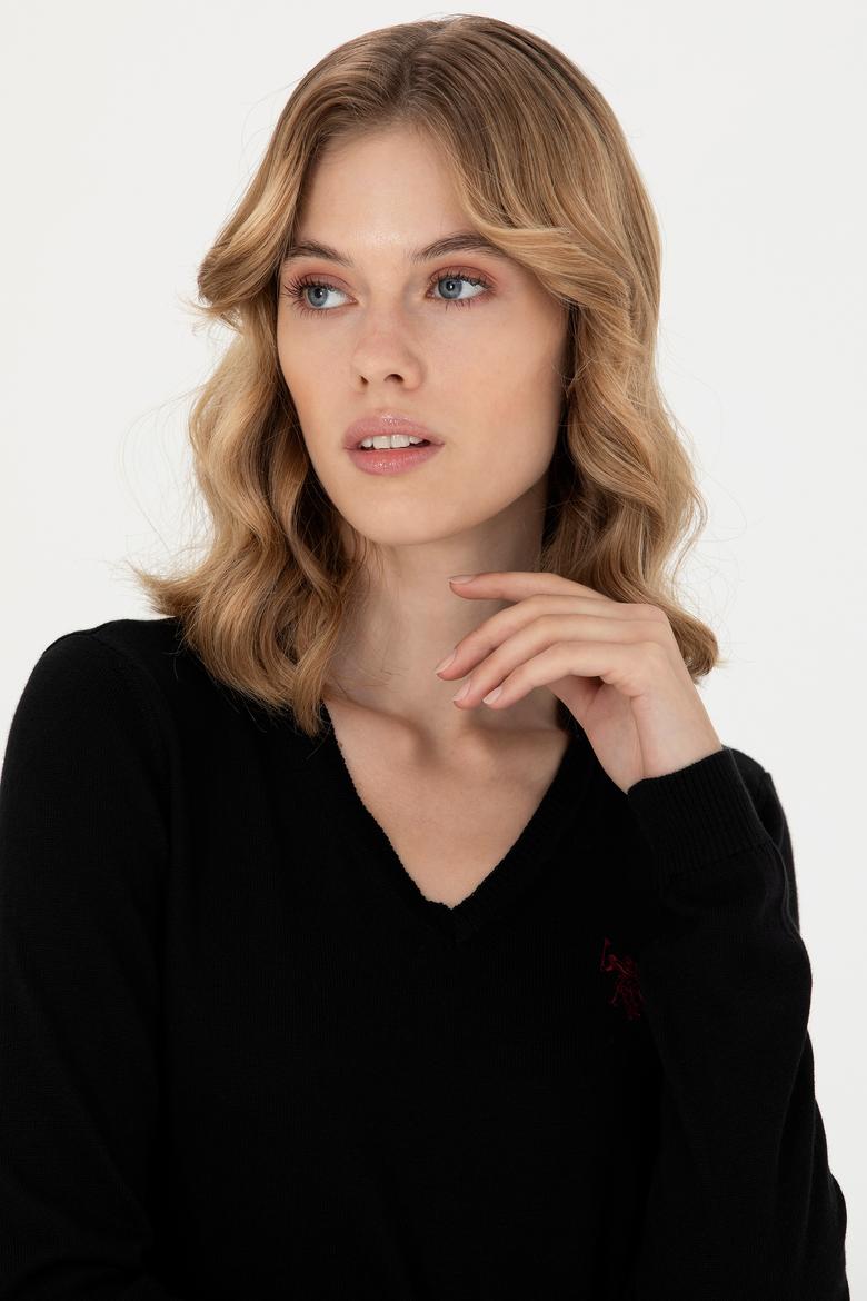 Kadın Siyah V Yaka Basic Kazak - 50276570059