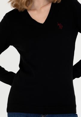 Kadın Siyah V Yaka Basic Kazak - 50276570059