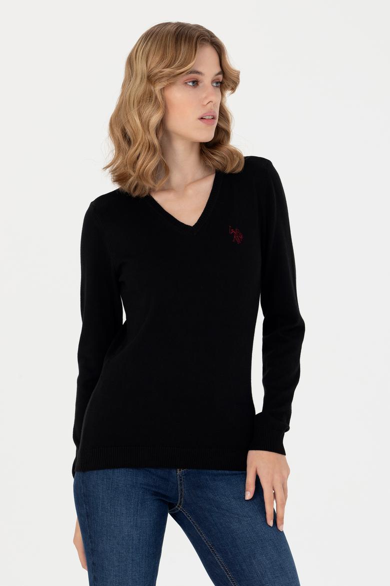 Kadın Siyah V Yaka Basic Kazak - 50276570059