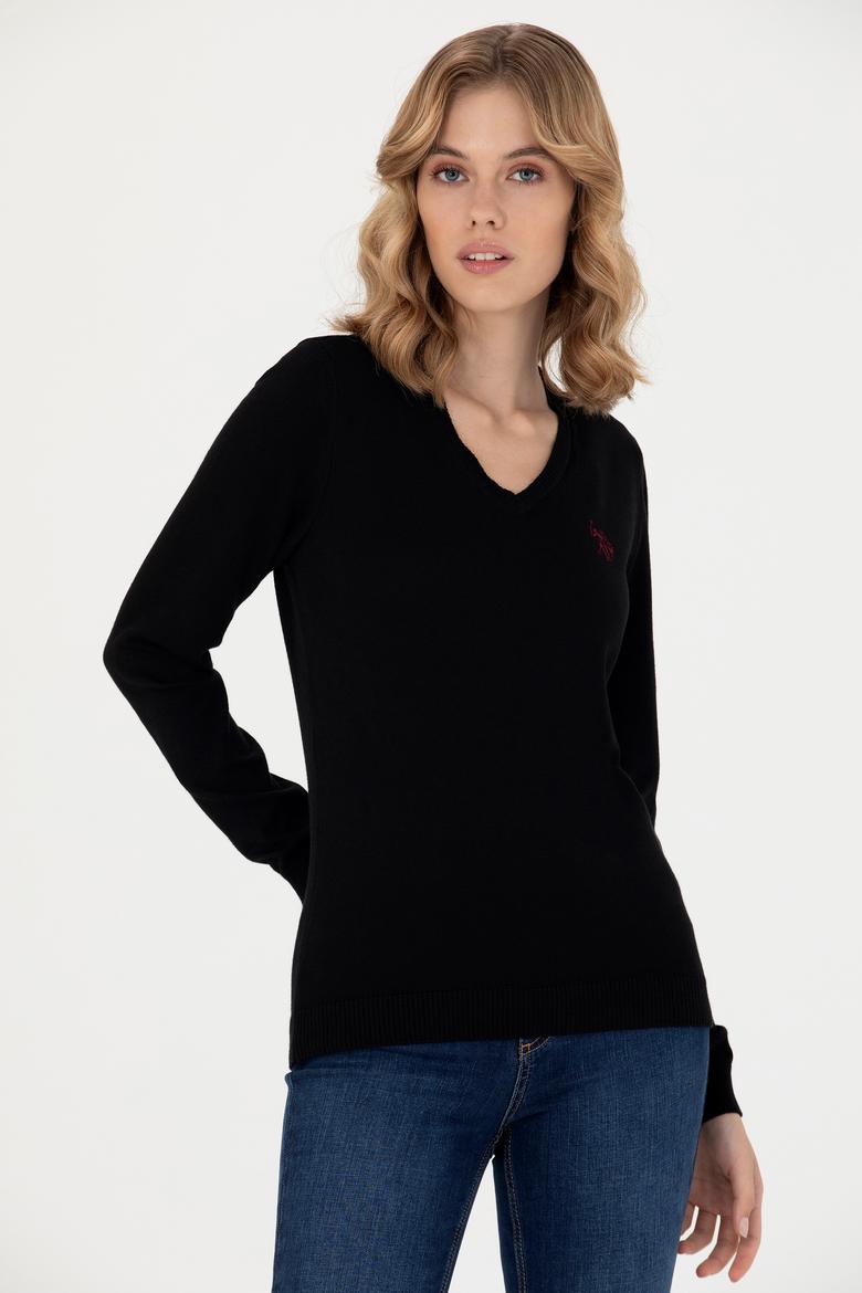 Kadın Siyah V Yaka Basic Kazak