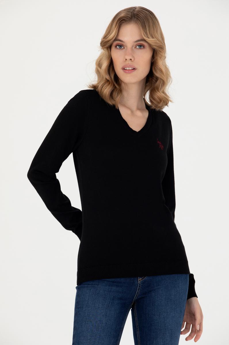 Kadın Siyah V Yaka Basic Kazak