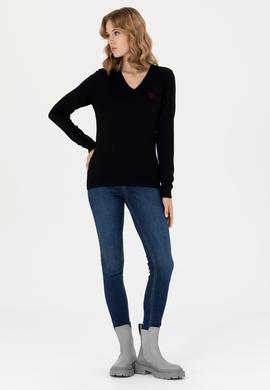 Kadın Siyah V Yaka Basic Kazak - 50276570059