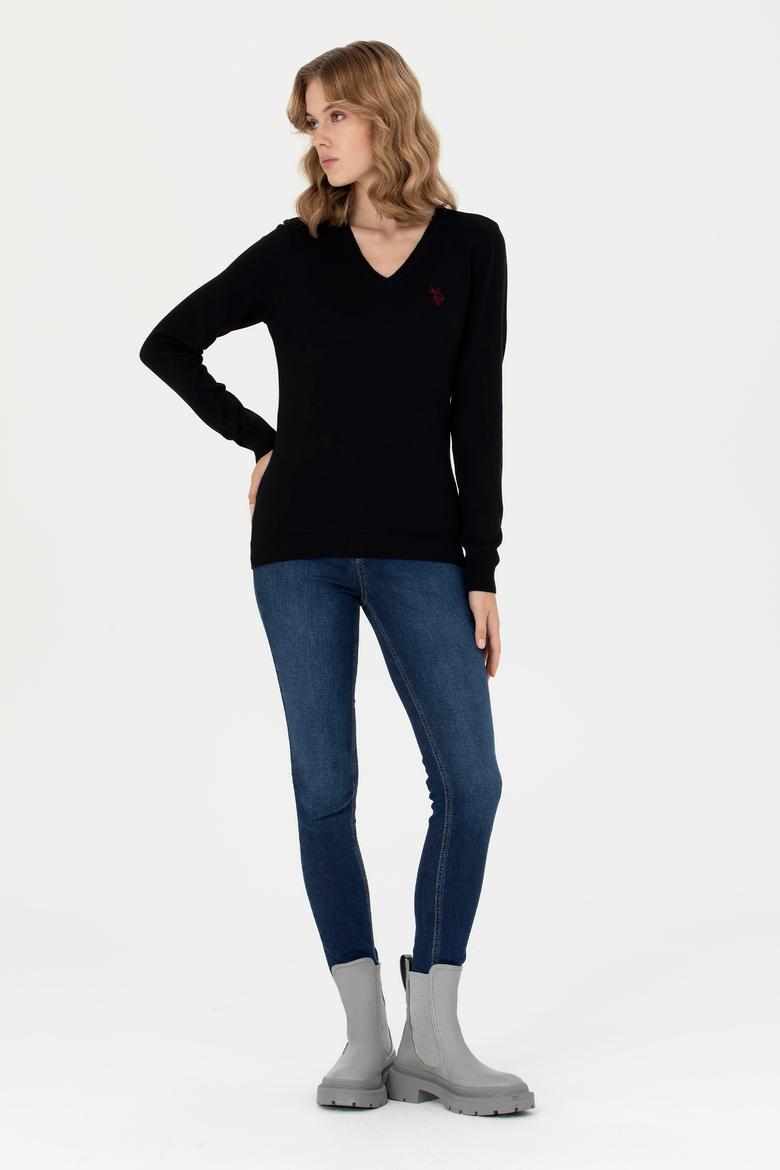 Kadın Siyah V Yaka Basic Kazak - 50276570059