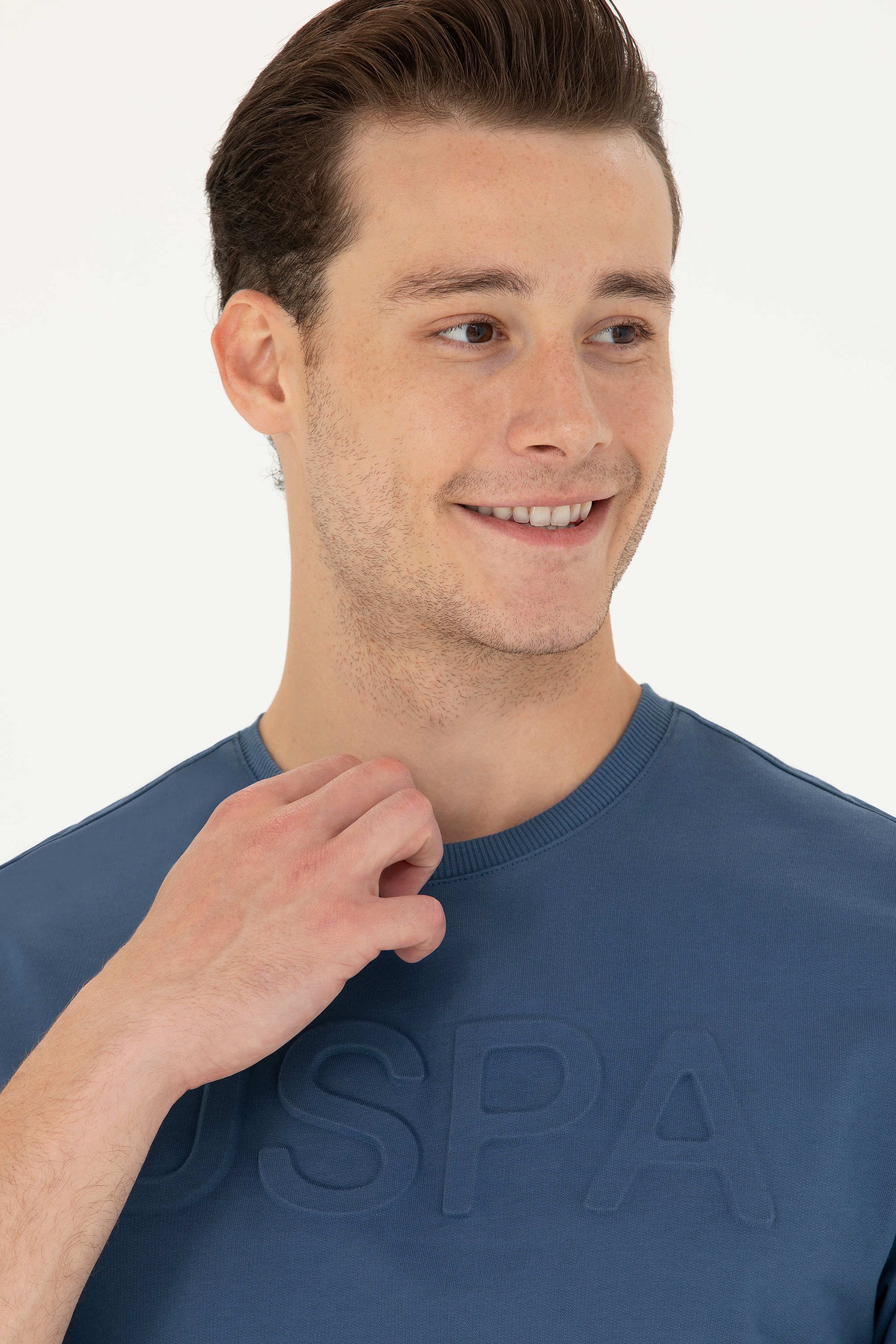 Erkek İndigo Bisiklet Yaka Basic Sweatshirt
