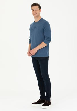 Erkek İndigo Bisiklet Yaka Basic Sweatshirt - 50254503075