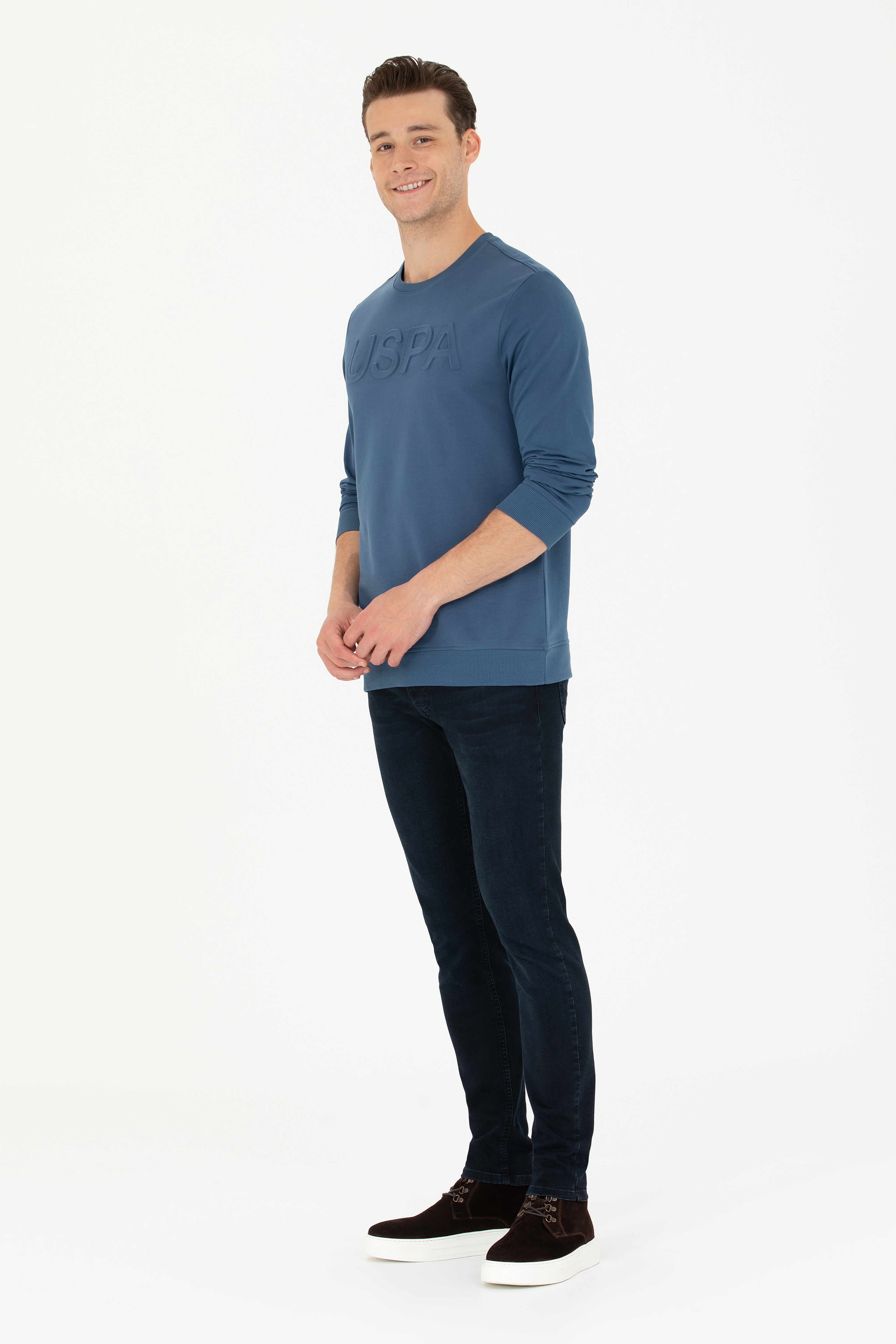 Erkek İndigo Bisiklet Yaka Basic Sweatshirt - Image 4