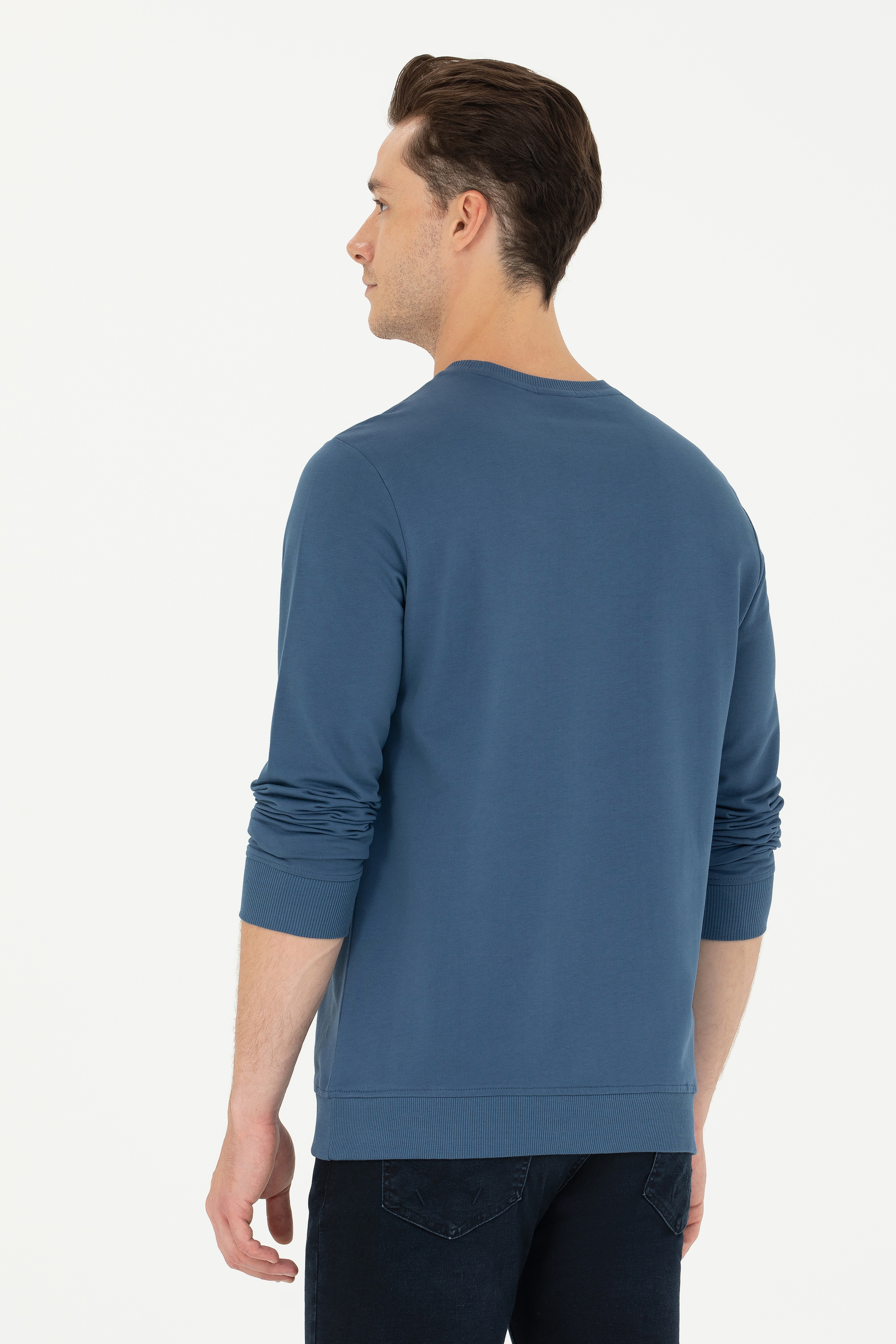 Erkek İndigo Bisiklet Yaka Basic Sweatshirt - Image 5