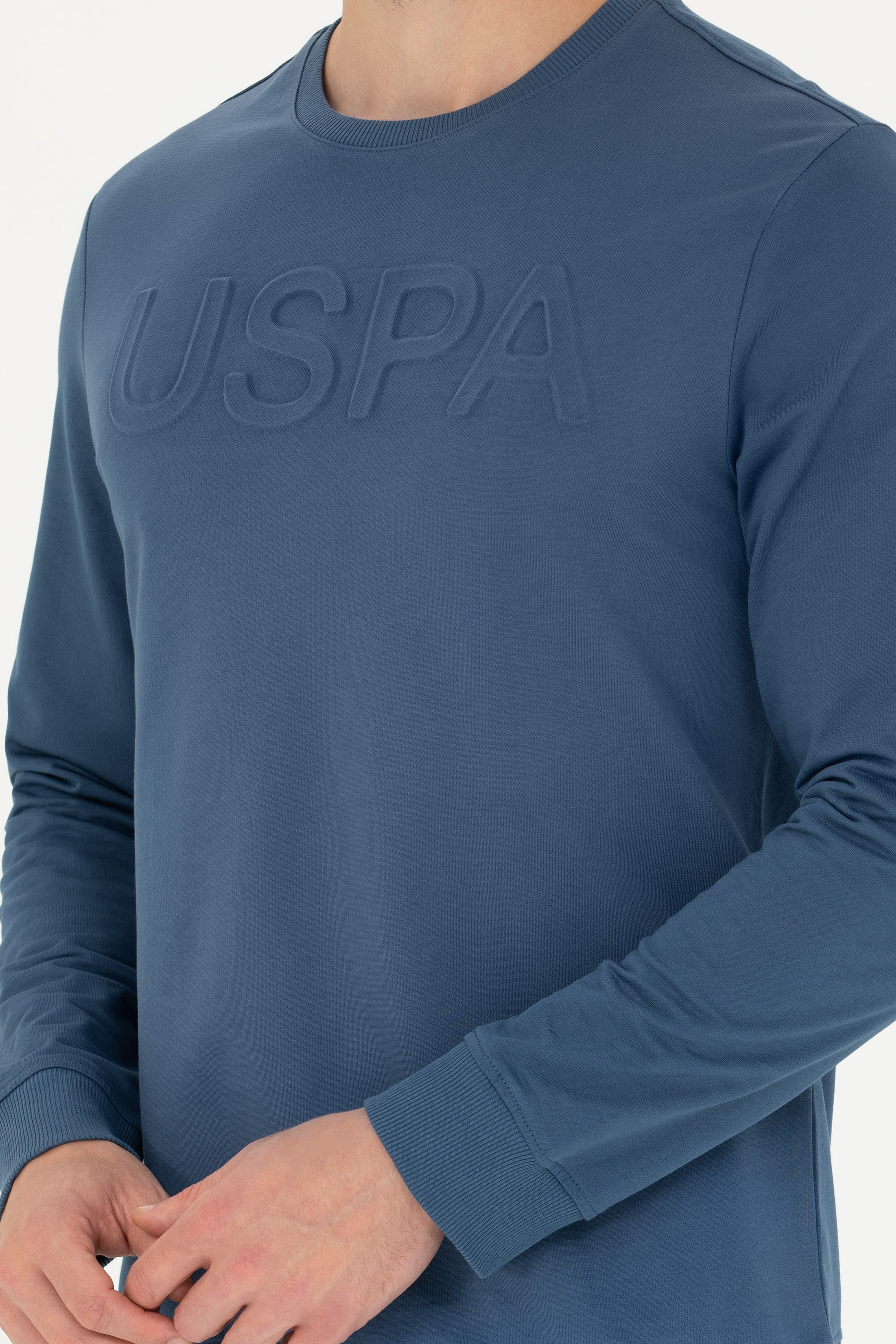 Erkek İndigo Bisiklet Yaka Basic Sweatshirt