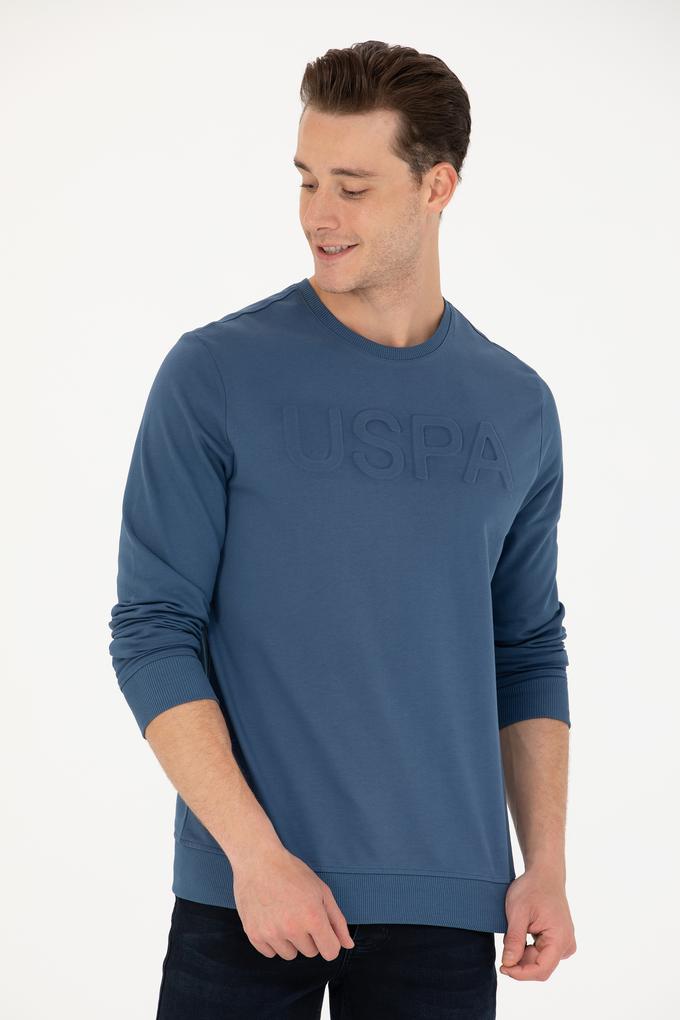 Erkek İndigo Bisiklet Yaka Basic Sweatshirt