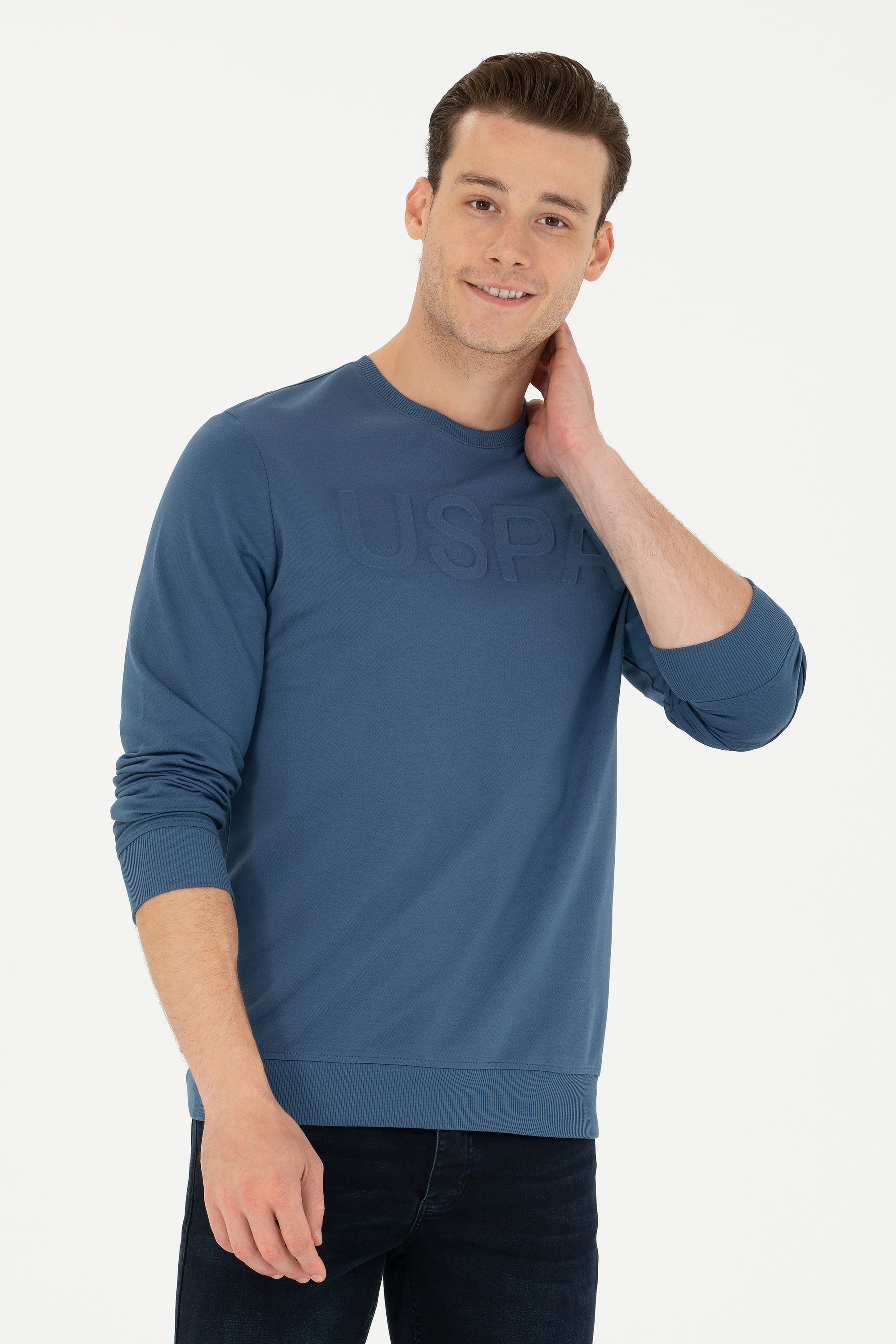 Erkek İndigo Bisiklet Yaka Basic Sweatshirt - Image 3