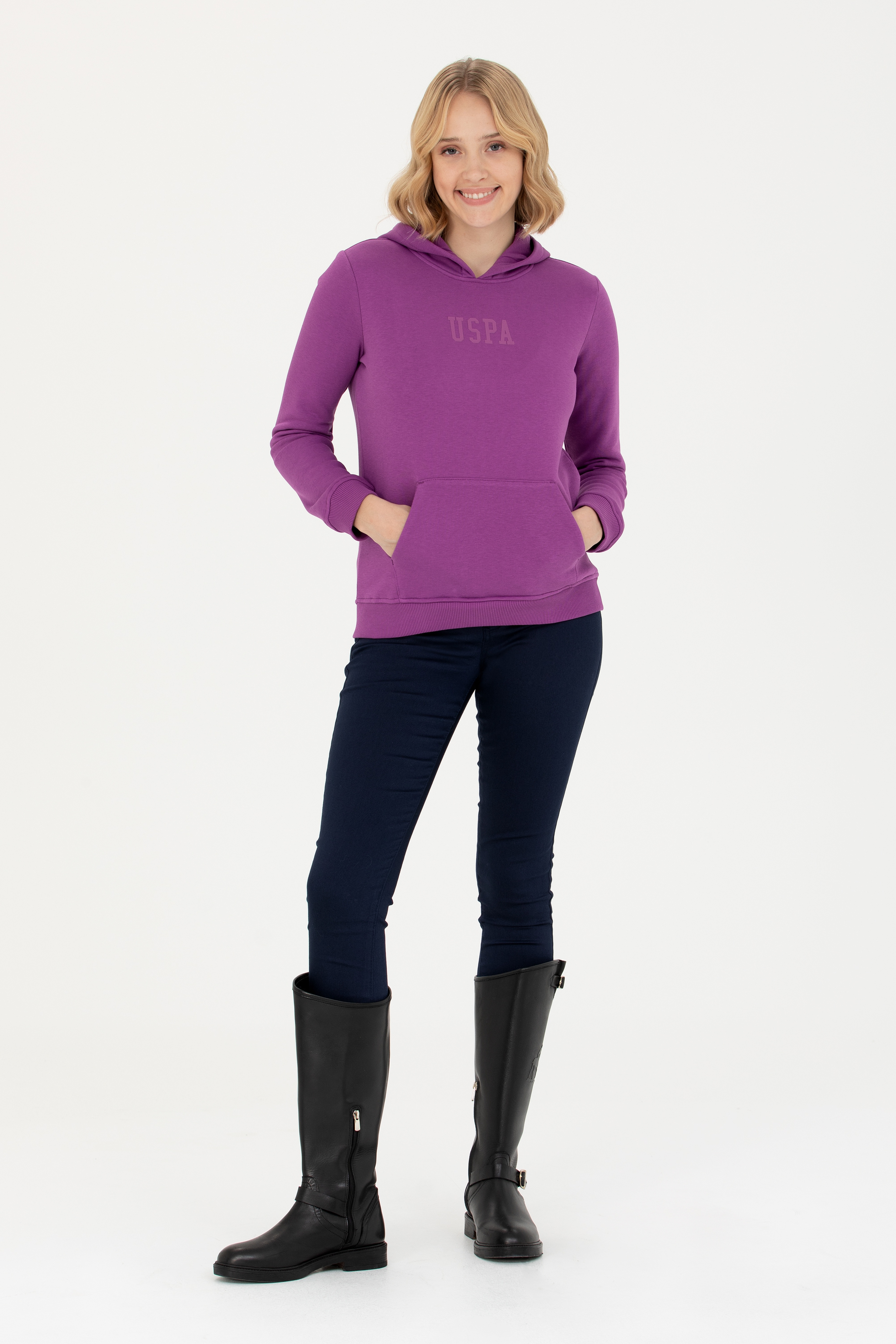 Kadın Violet Kapüşonlu Basic Sweatshirt - Image 4