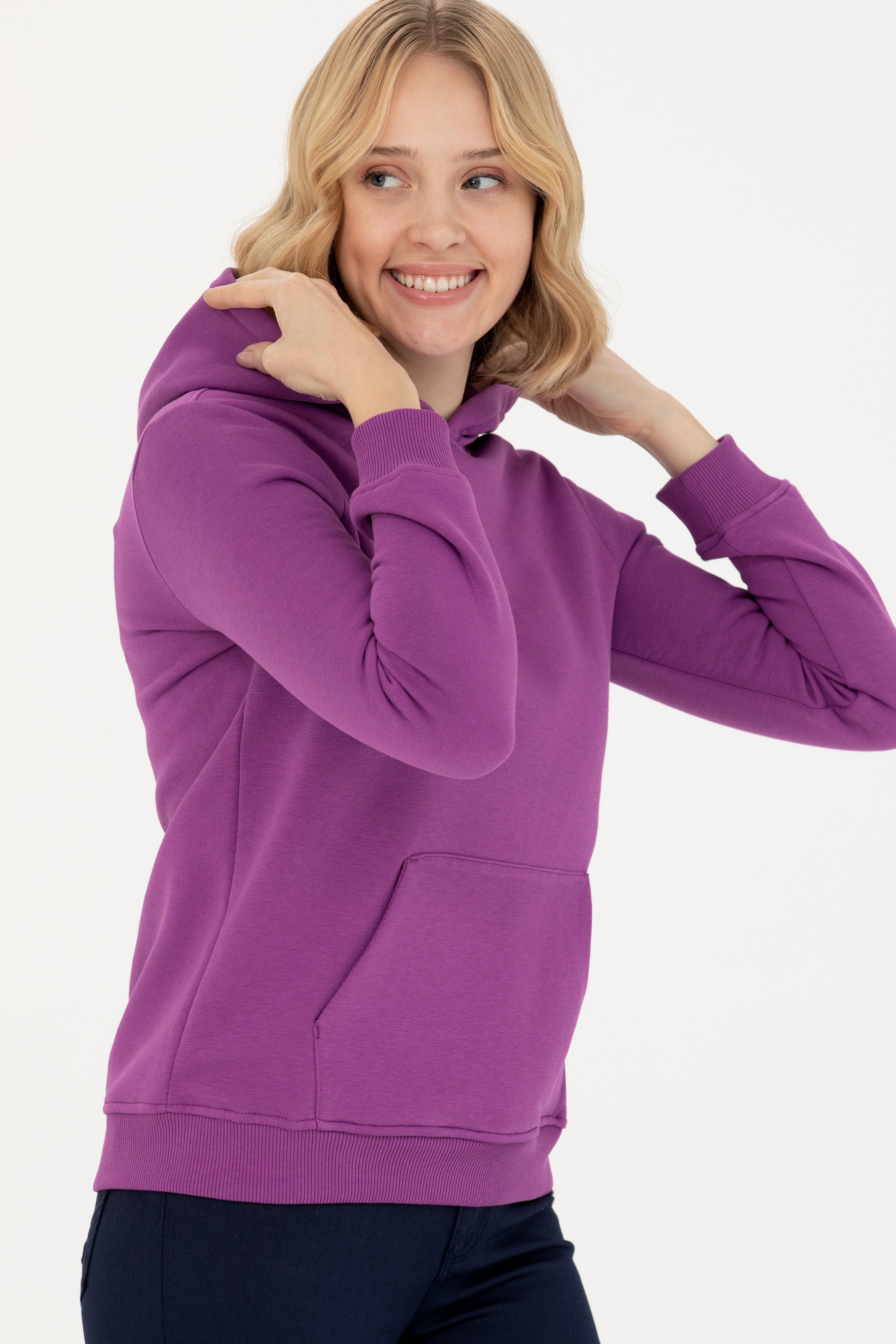 Kadın Violet Kapüşonlu Basic Sweatshirt