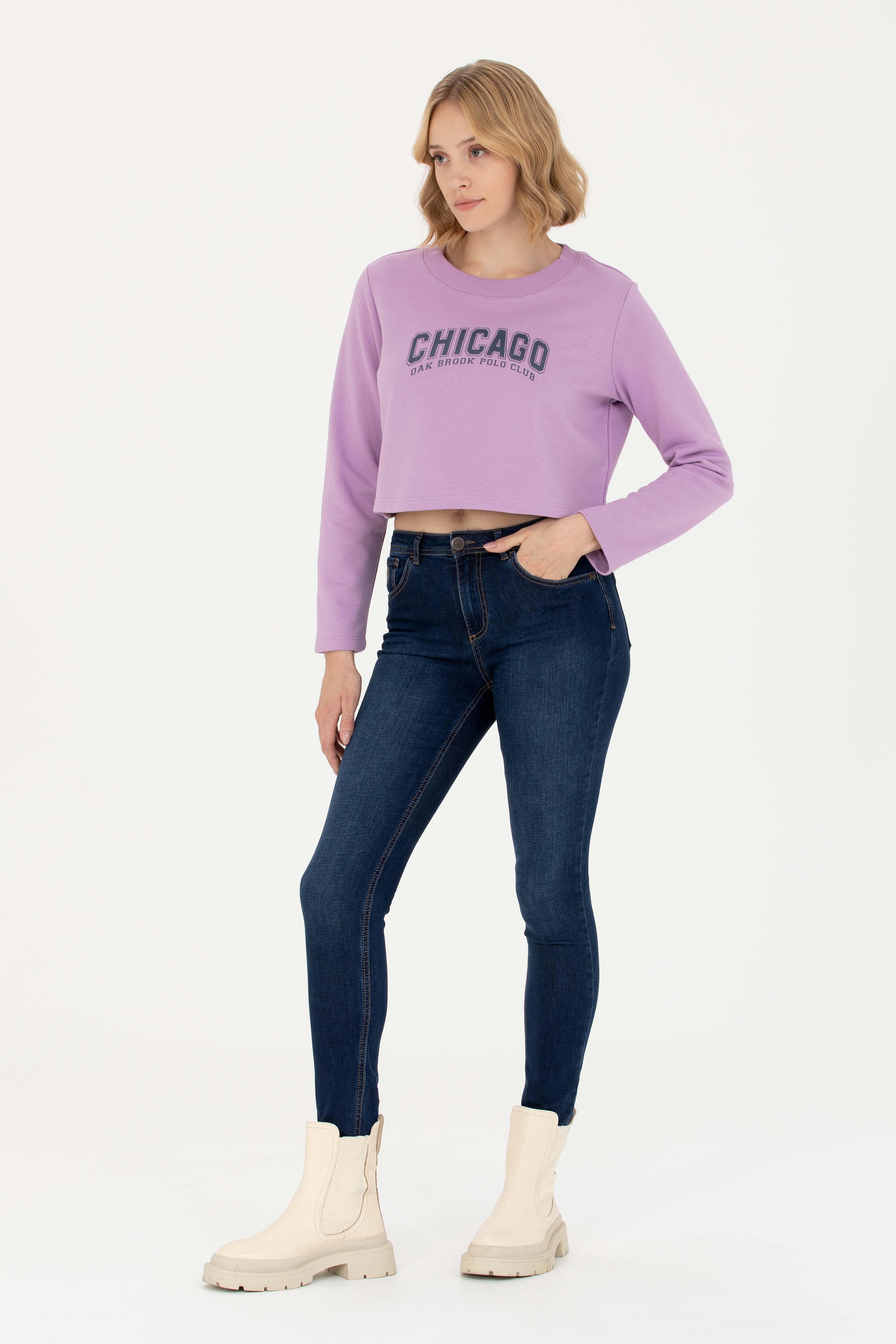 Kadın Lila Bisiklet Yaka Sweatshirt - Image 4