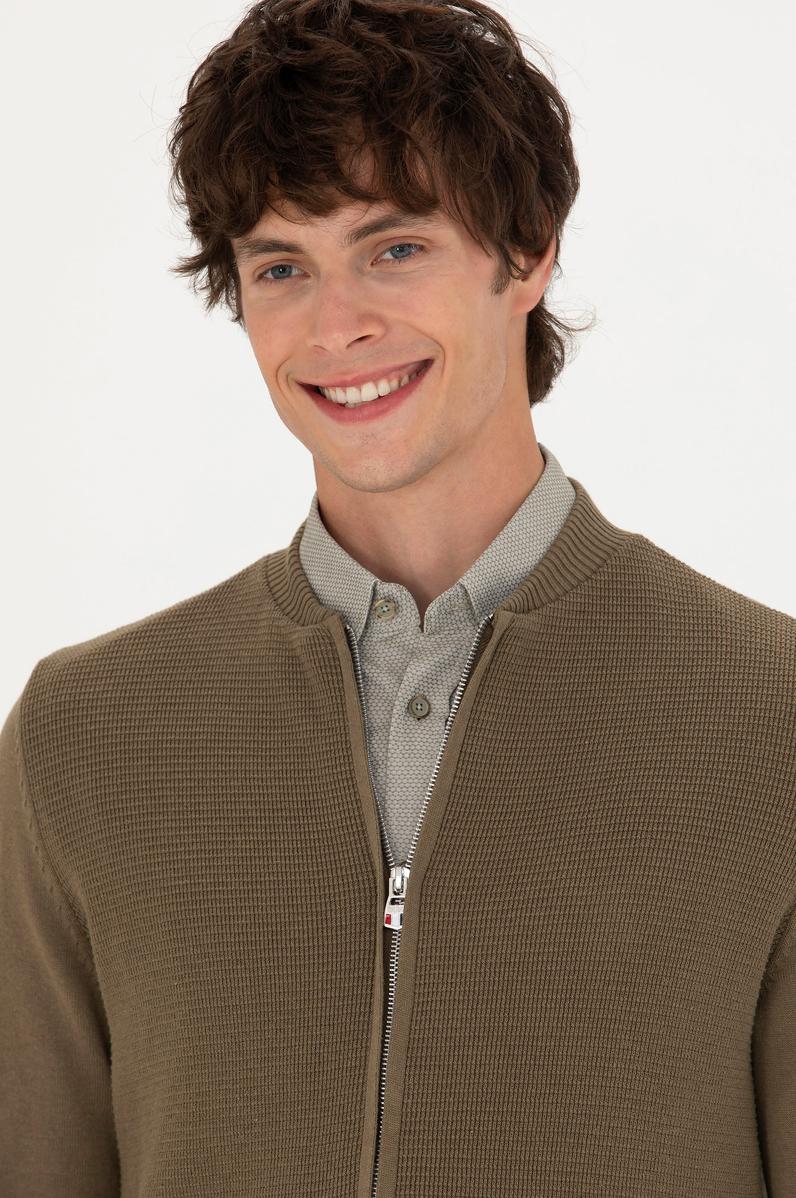 Erkek Haki Melanj Basic Triko Hırka