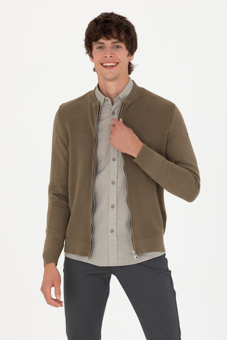 Erkek Haki Melanj Basic Triko Hırka