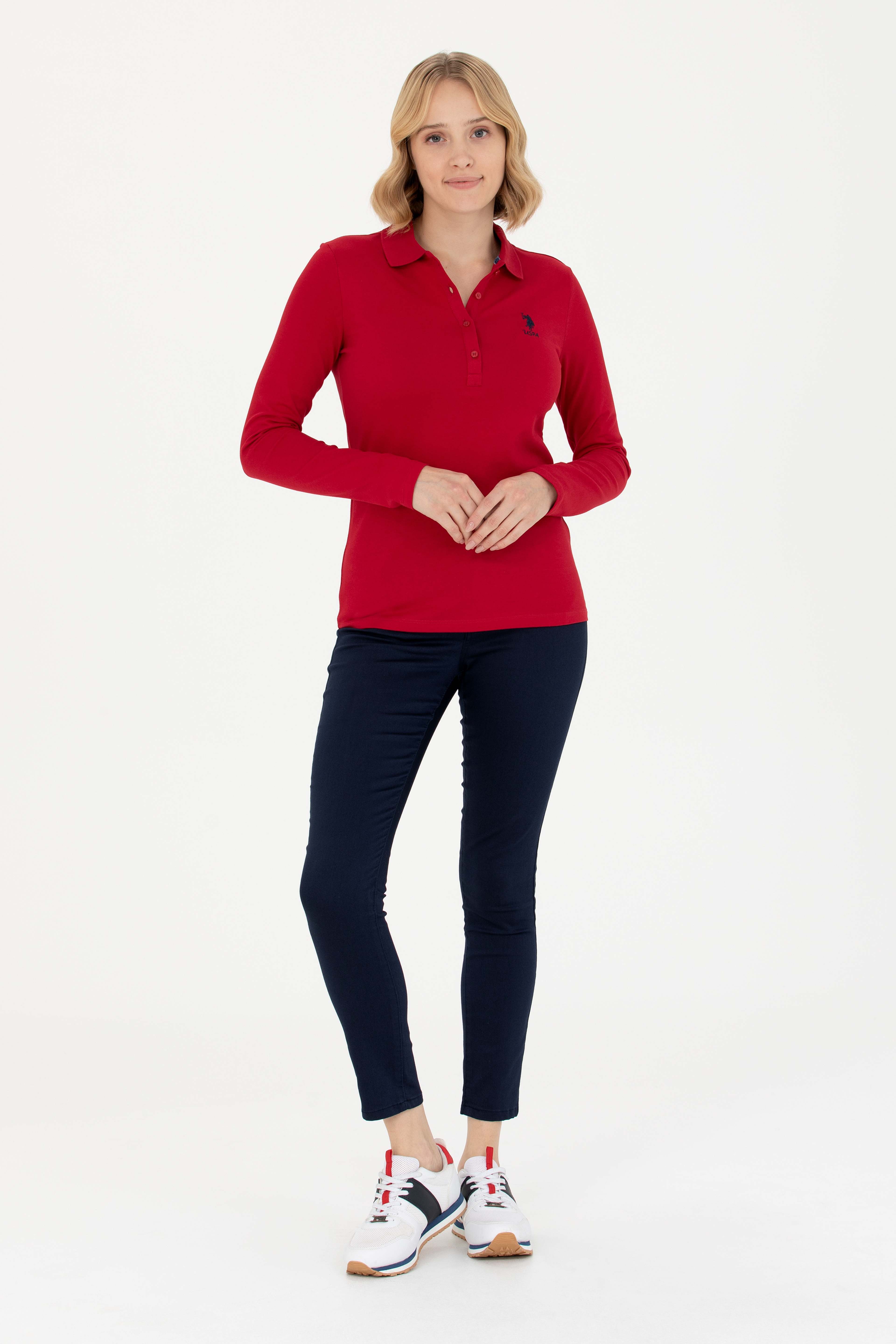 Kadın Kırmızı Polo Yaka Basic Sweatshirt