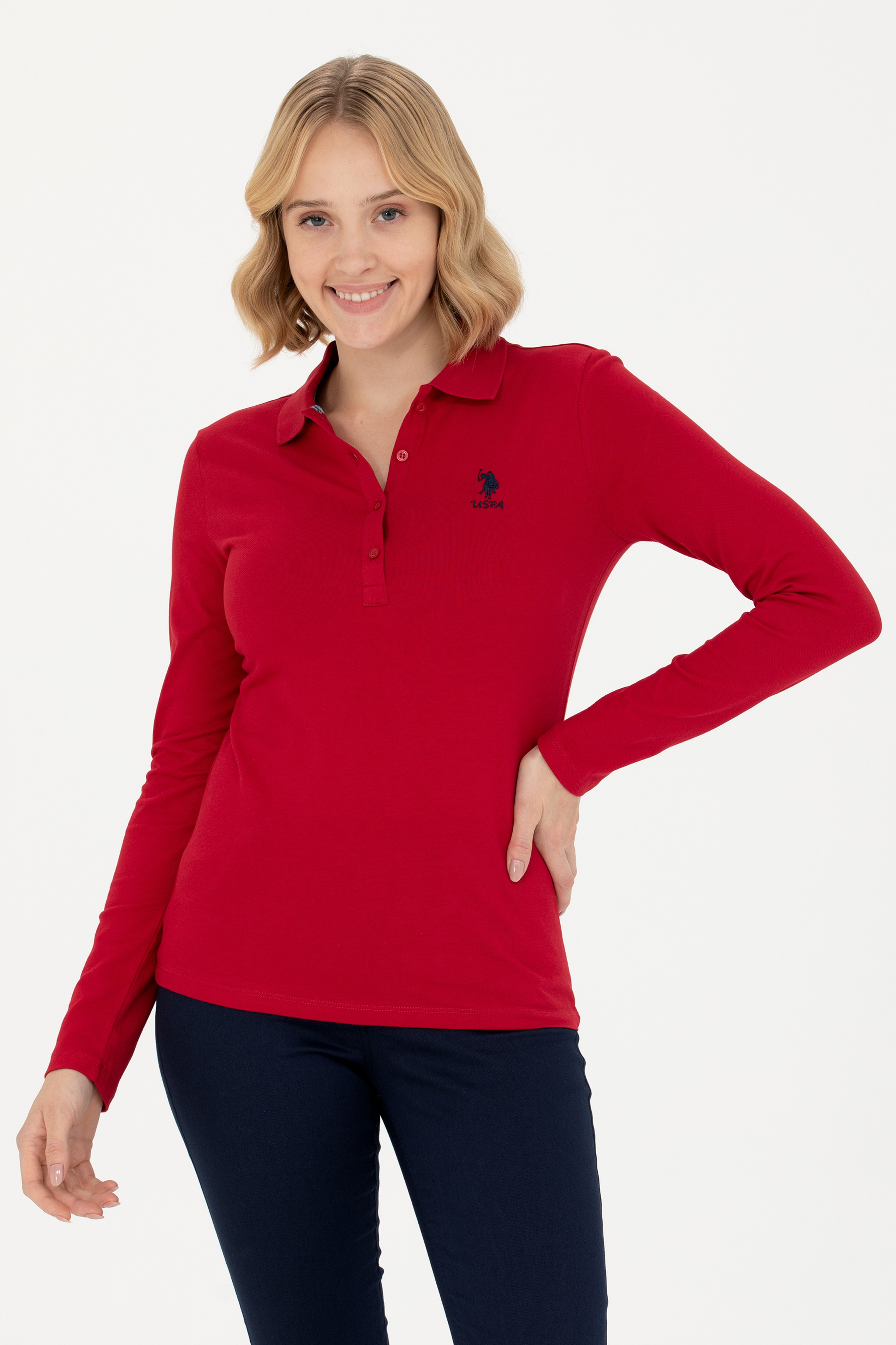 Kadın Kırmızı Polo Yaka Basic Sweatshirt - Image 3