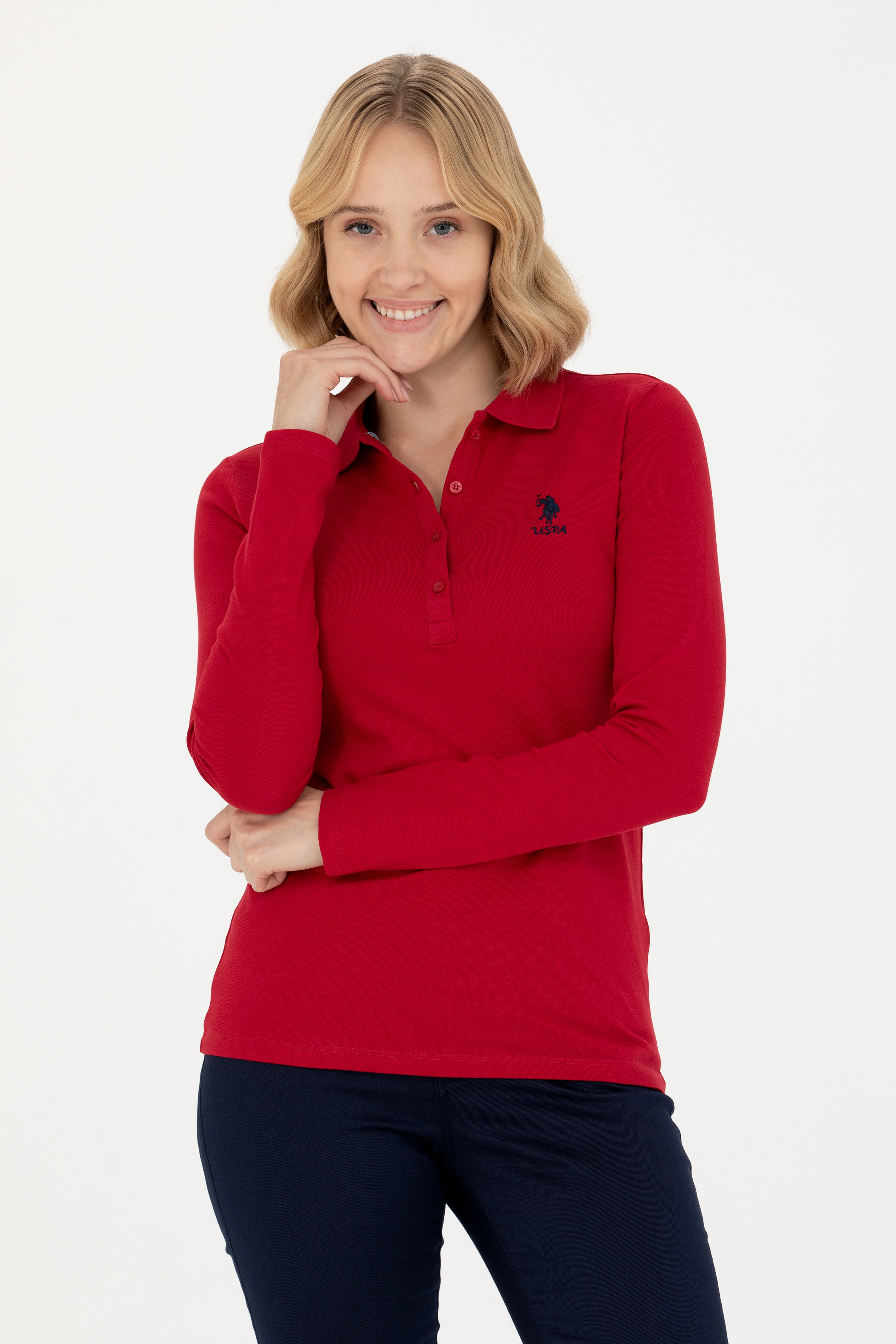 Kadın Kırmızı Polo Yaka Basic Sweatshirt - Image 1