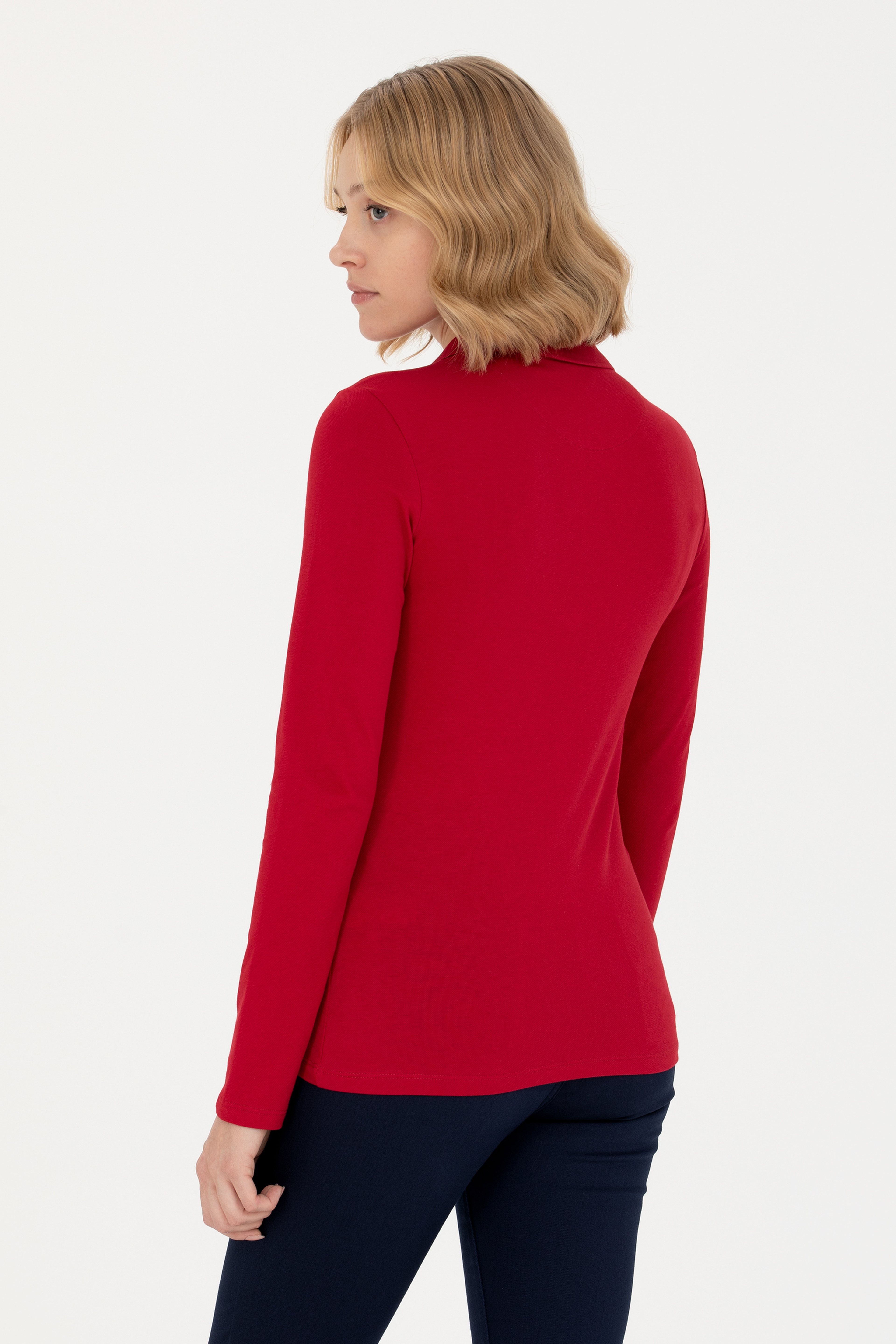 Kadın Kırmızı Polo Yaka Basic Sweatshirt - Image 5