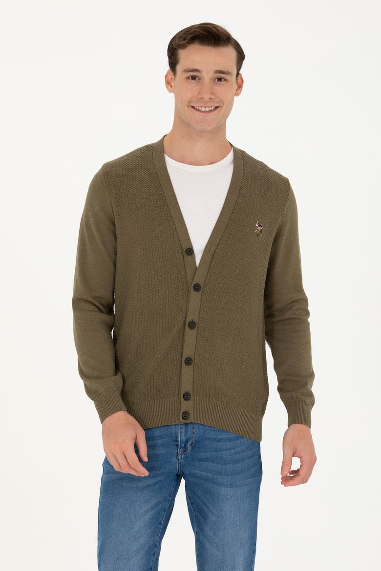 Erkek Haki Melanj Basic Triko Hırka