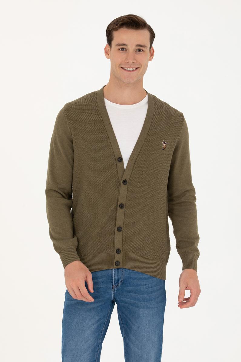 Erkek Haki Melanj Basic Triko Hırka