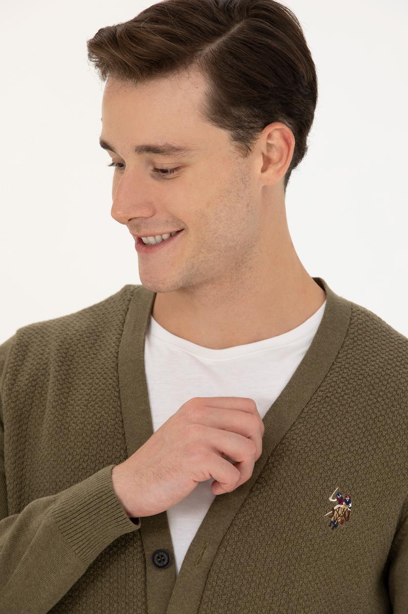 Erkek Haki Melanj Basic Triko Hırka