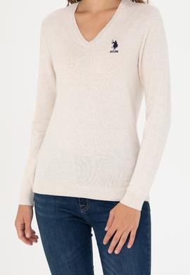 Kadın Krem Melanj  V Yaka Basic Kazak - 50269014026