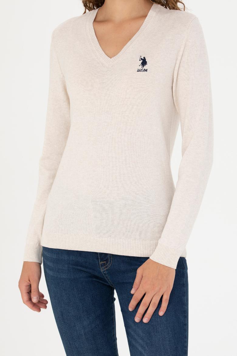 Kadın Krem Melanj  V Yaka Basic Kazak - 50269014026