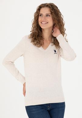 Kadın Krem Melanj  V Yaka Basic Kazak - 50269014026