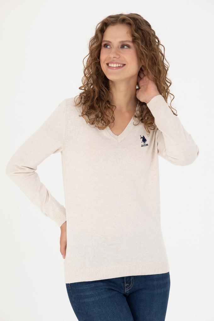 Kadın Krem Melanj  V Yaka Basic Kazak