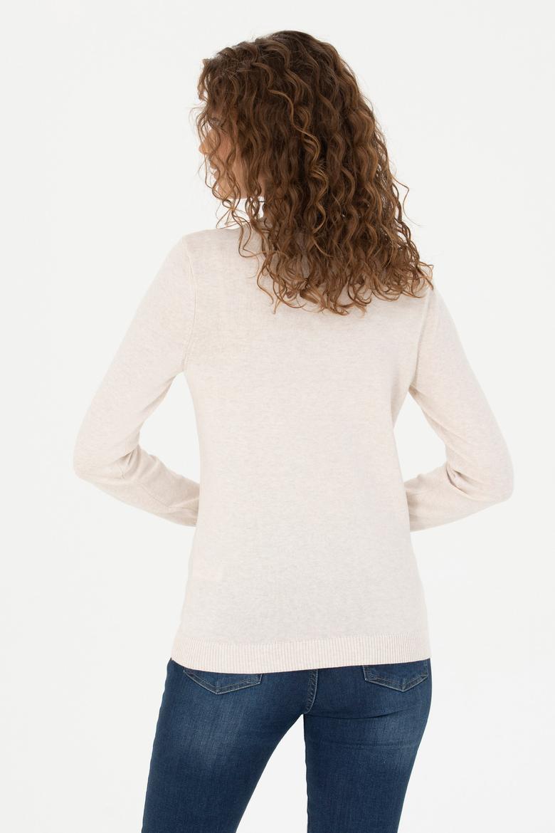 Kadın Krem Melanj  V Yaka Basic Kazak - 50269014026