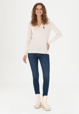 Kadın Krem Melanj  V Yaka Basic Kazak - 50269014026