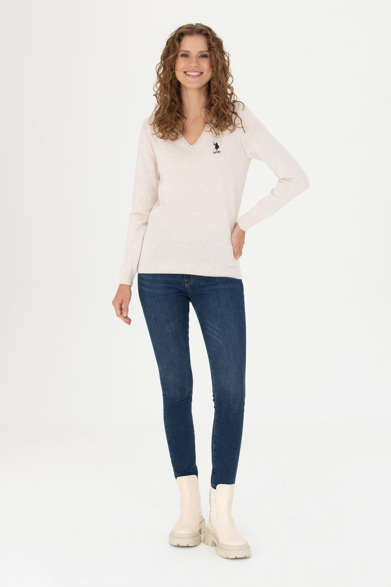 Kadın Krem Melanj  V Yaka Basic Kazak - 50269014026