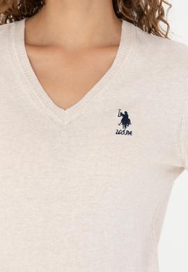 Kadın Krem Melanj  V Yaka Basic Kazak - 50269014026